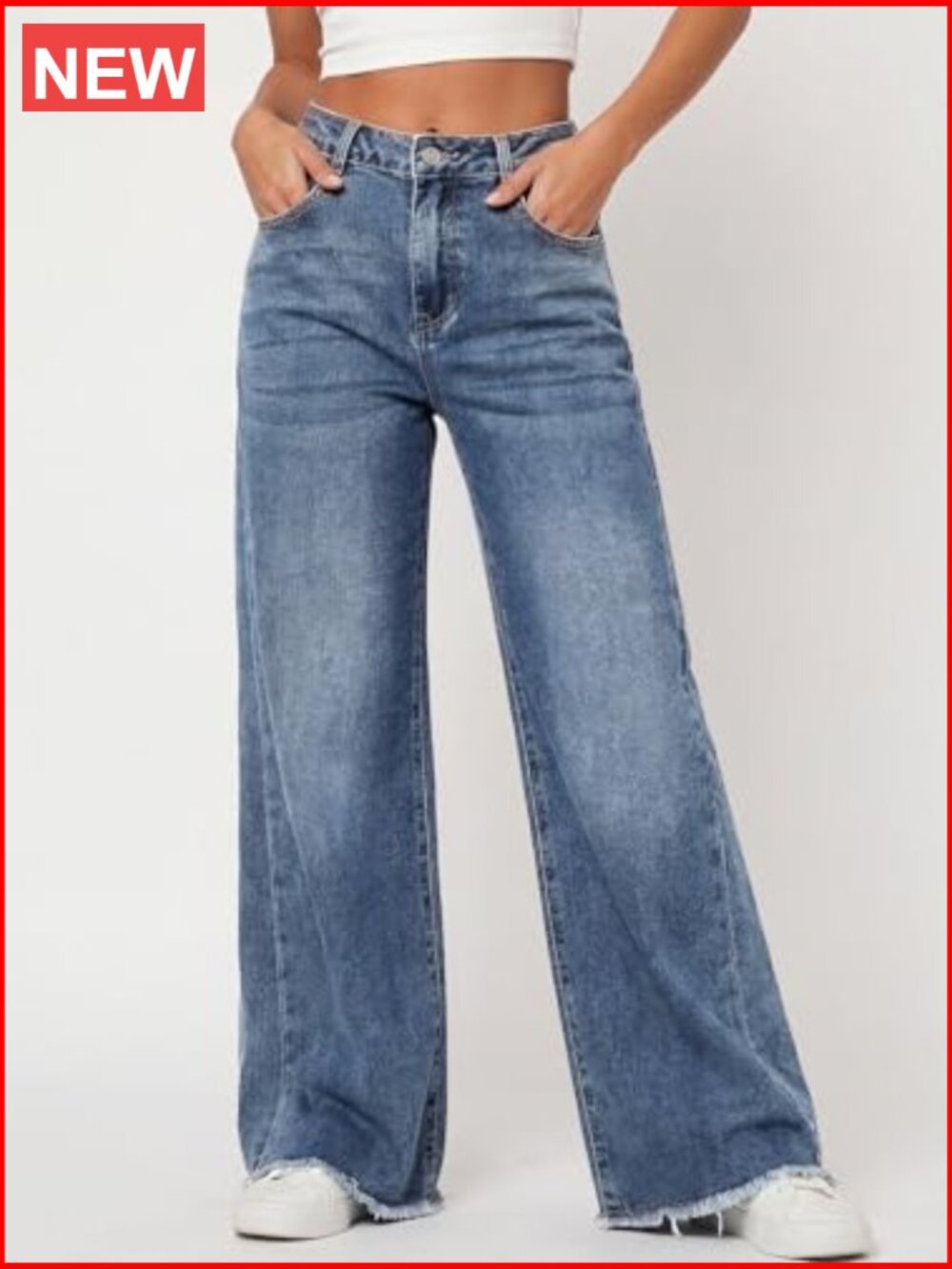 Wide Leg Jeans Raw Hem Relaxed Fit Denim Button Fly Stretch Waist - Picture 2 of 7